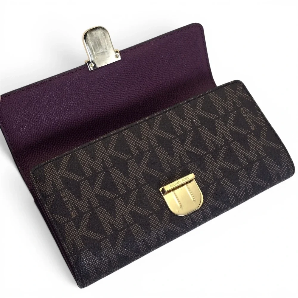 Michael Kors Bridgette Flap Wallet Brown MK‎ Logo Burgandy Eggplant Leather Lock